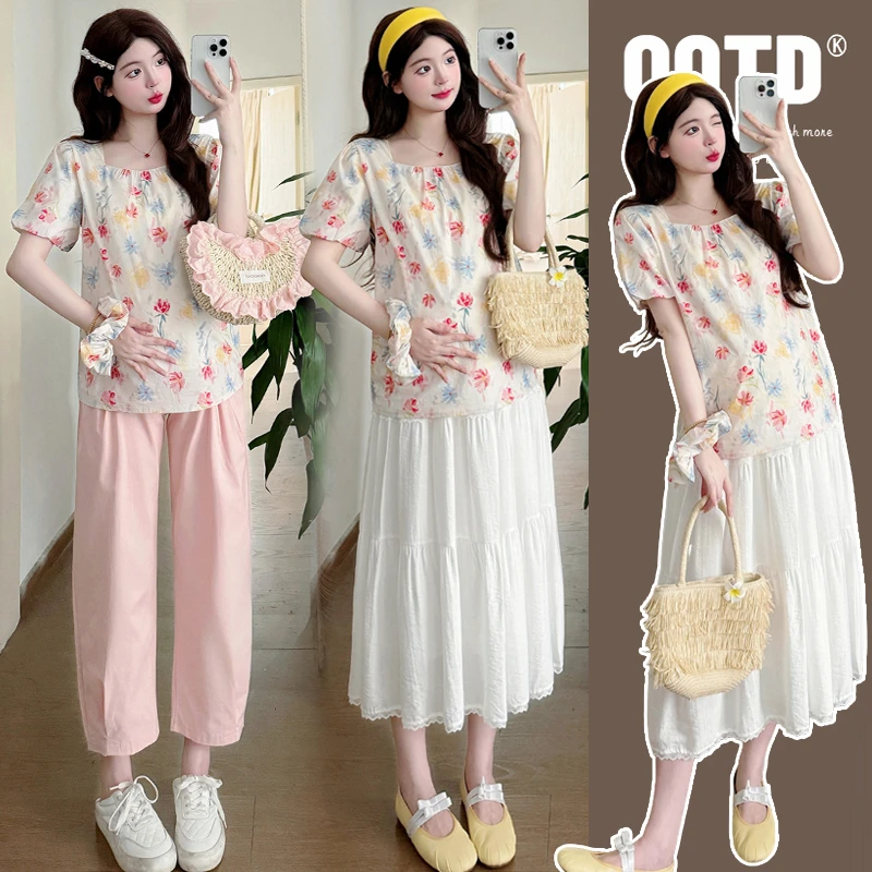 【安安】孕妇装夏季碎花短袖上衣+半身裙子韩版时尚孕妇娃娃衫夏装