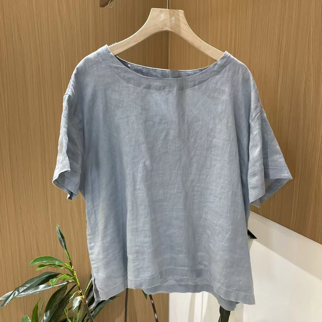 12430新款夏季优雅减龄宽松亚麻百搭上衣T恤