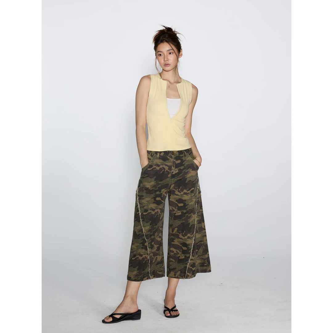 Gowireless 专属美式复古设计感垂感挺括八分喇叭迷彩裤 25GS020