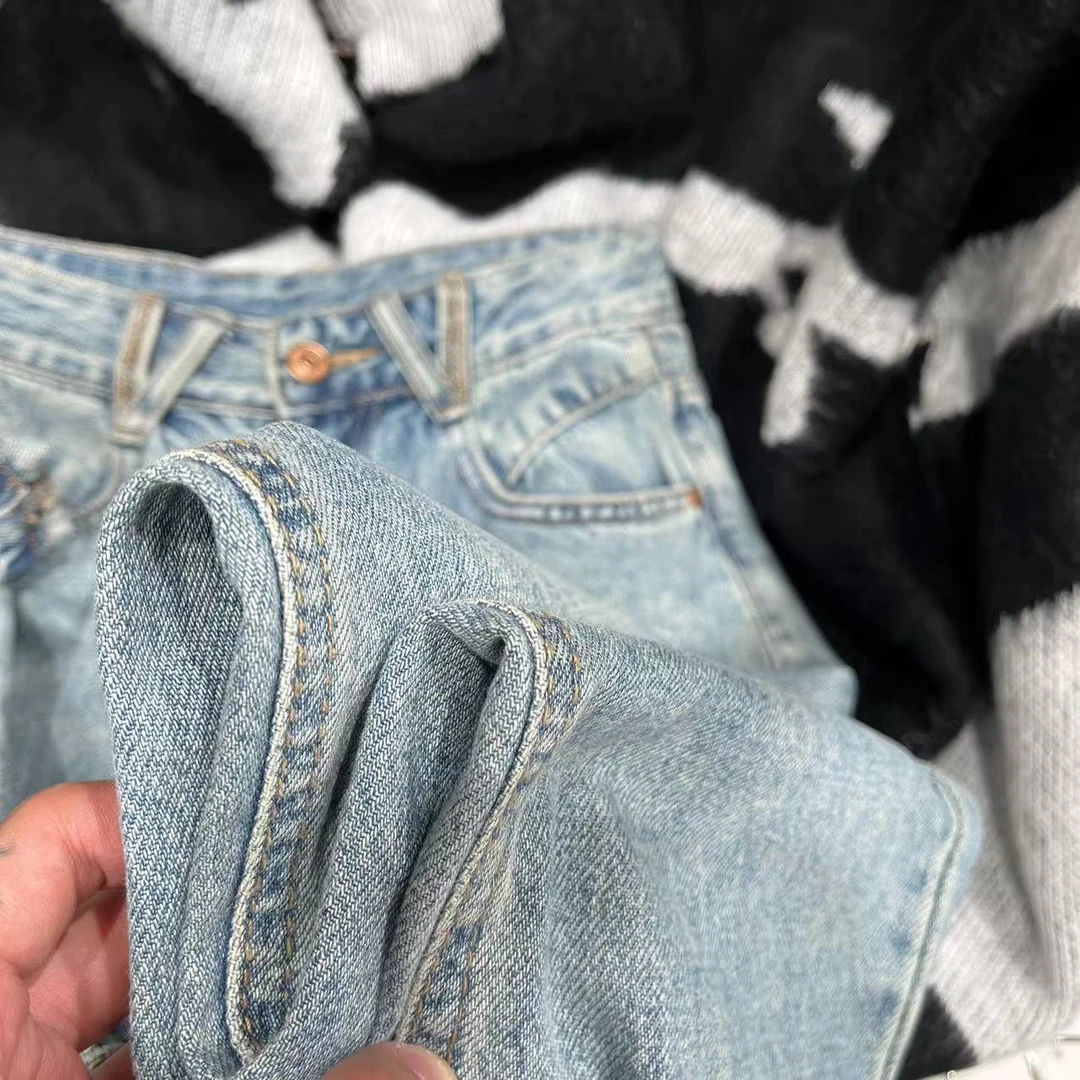 W00699美式复古牛仔裤宽松窄版直筒裤（扣眼已开裤脚挽起介意勿拍