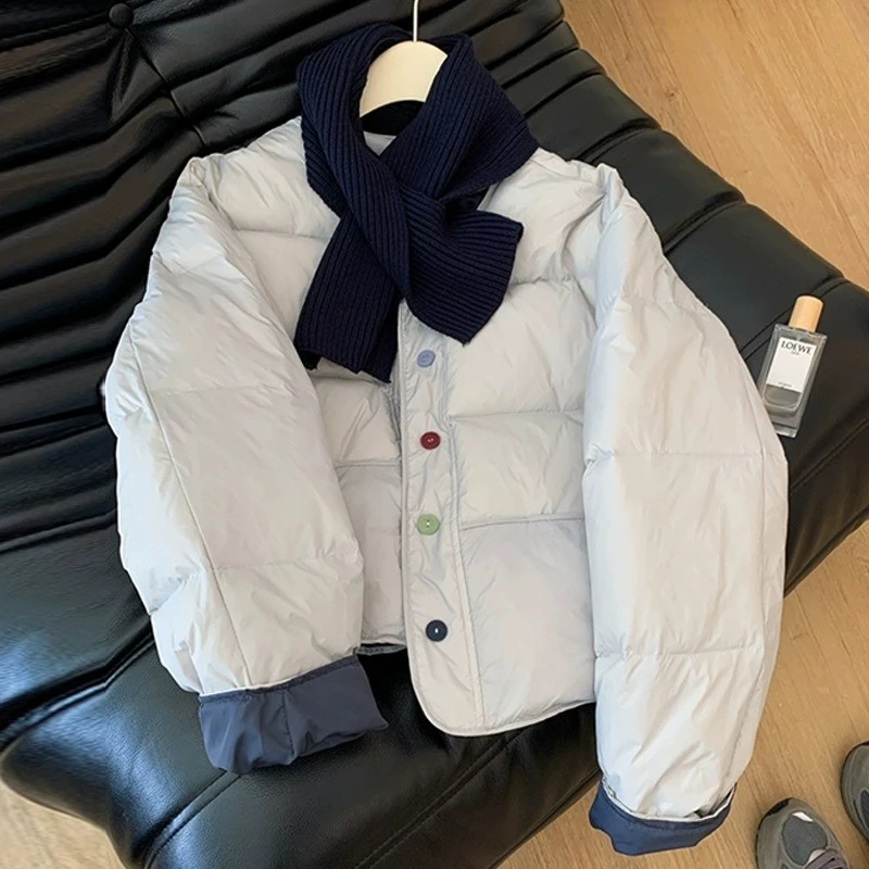 配围巾圆领亮面洋气轻薄短款棉服女2025冬季小个子面包服外套