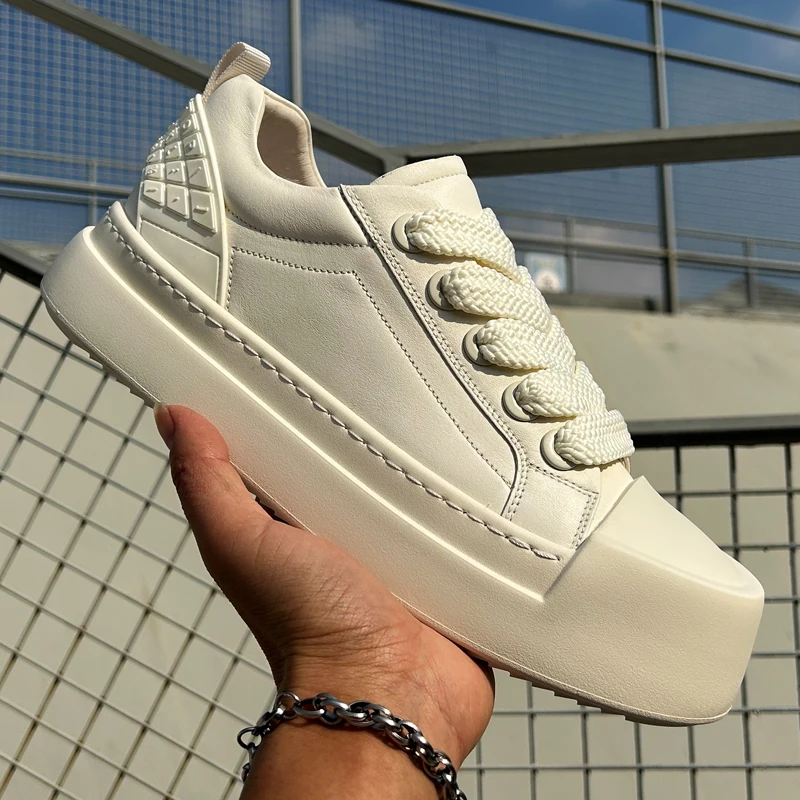 2025新款板鞋厚底春季低帮系带休闲鞋百搭真皮男士鞋子简约小白鞋