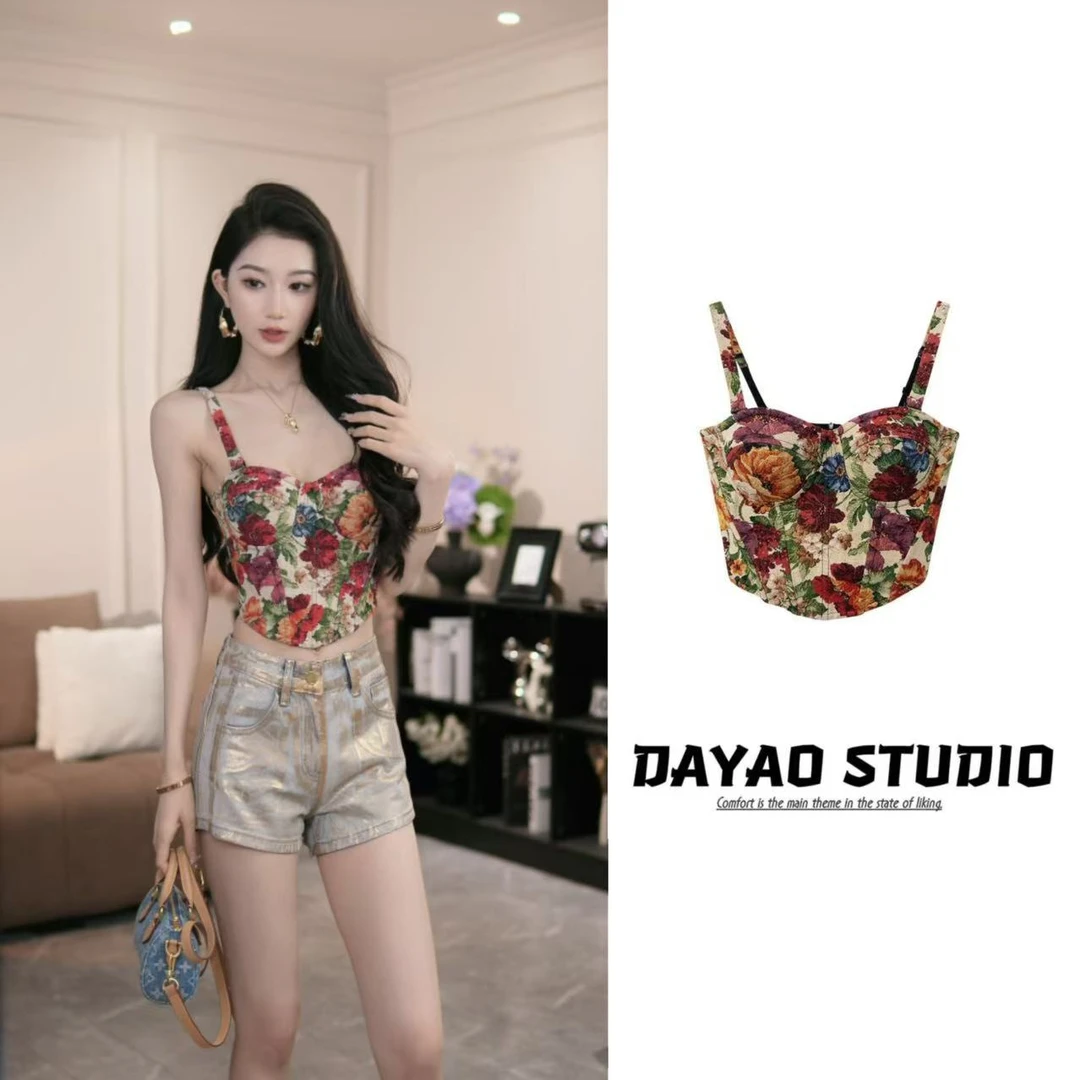 DYA118【繁花】复古提花抹胸显瘦吊带（肩带可拆卸可调节）（自带胸