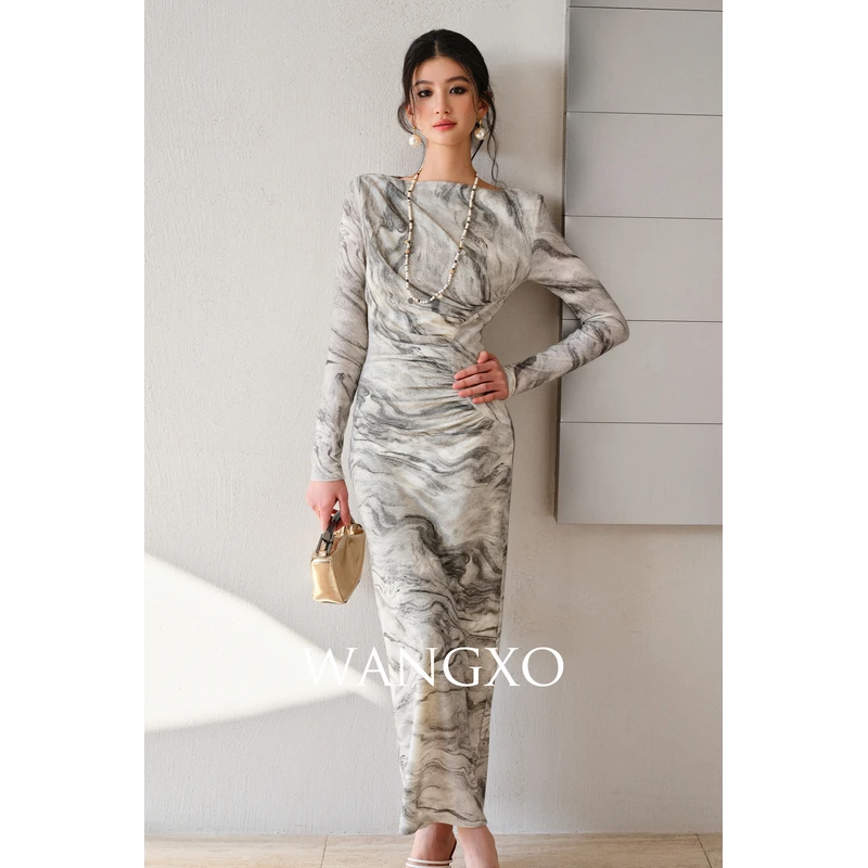 WANGXO 水墨印花打褶一字领连衣裙  2431313W