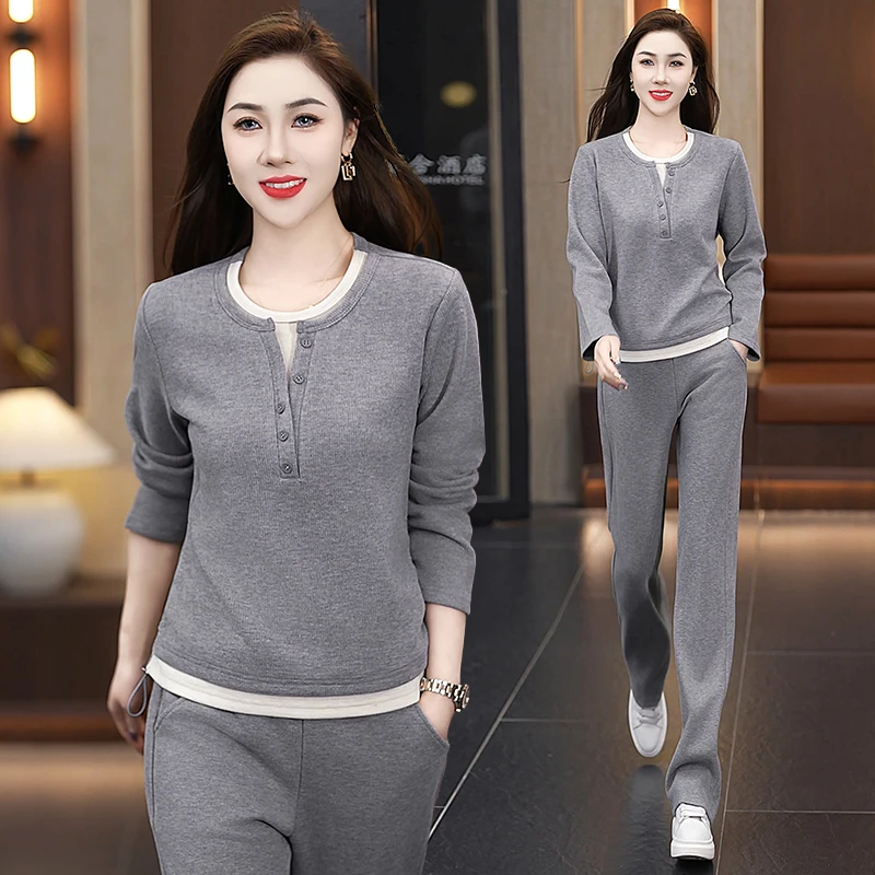 气质圆领休闲运动套装女2025春秋季新款假两件年轻妈妈卫衣两件套