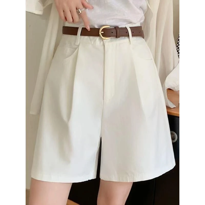 【粤粤】米白阔腿短裤女夏季薄款高腰a字5分遮胯显瘦休闲裤配腰带