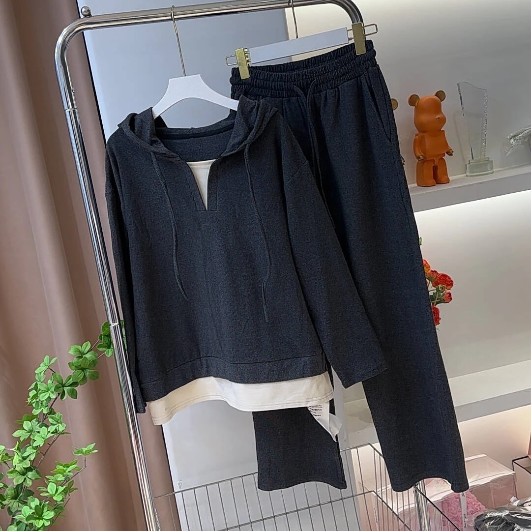 6717休闲时尚显瘦套装百搭减龄秋冬长袖连帽拼接上衣洋气阔腿裤