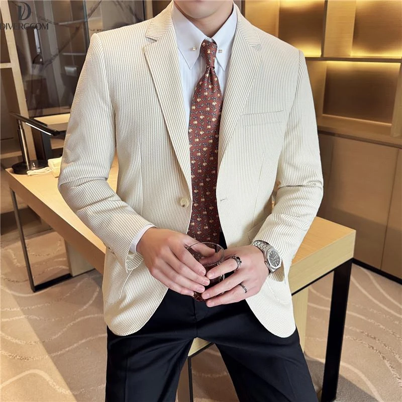 DIIIVERGOM泡泡纱条纹西装外套男韩版修身高级感肌竖条纹弹力西服