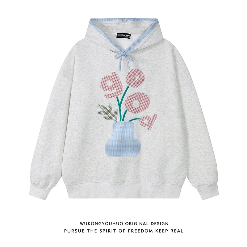 悟空有货美式潮牌刺绣贴布连帽卫衣男女宽松情侣百搭重磅套头帽衫