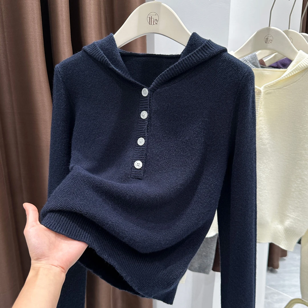 韩系简约藏青色针织连帽套头衫秋冬季新款气质T恤软糯长袖上衣女