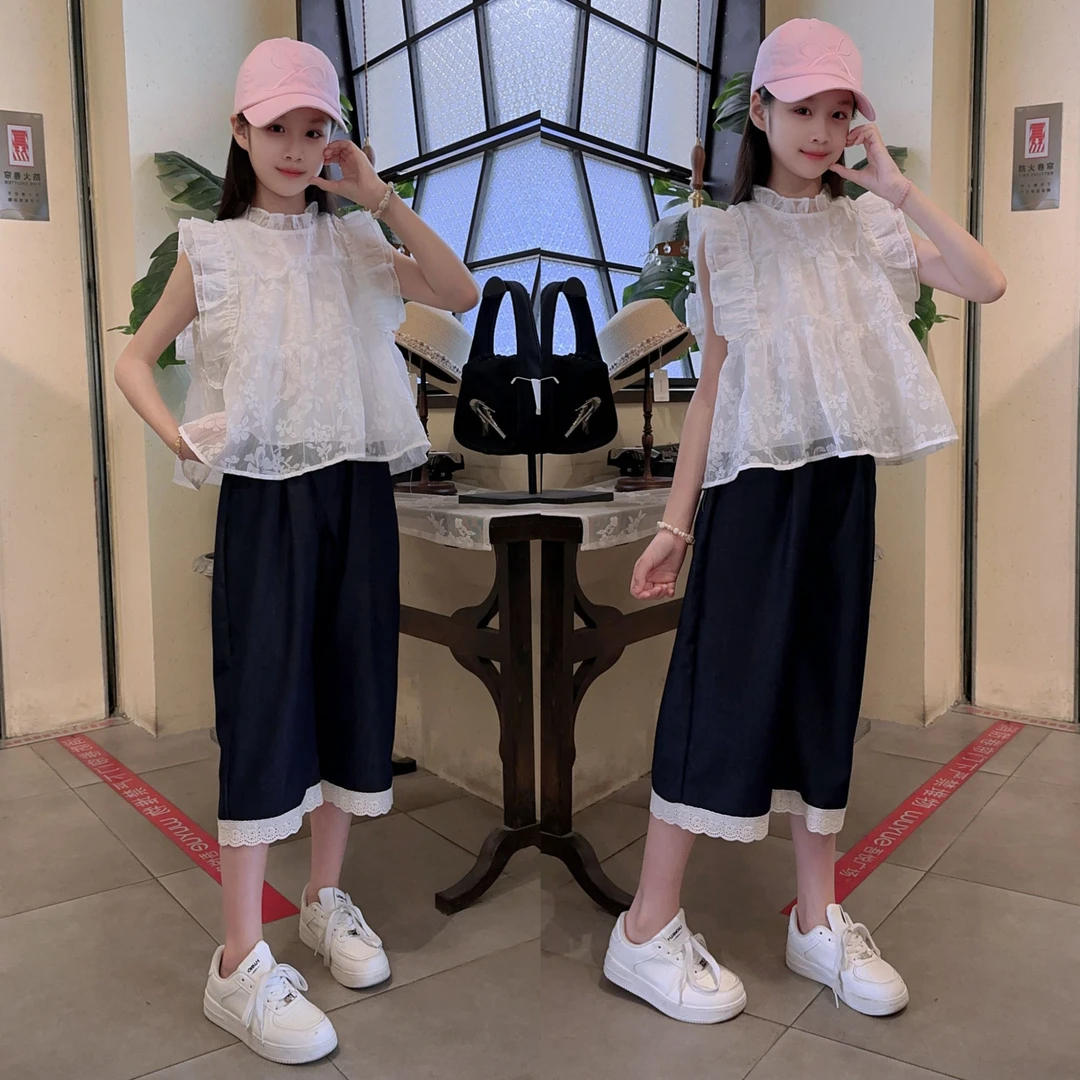 女童夏季飞袖薄款娃娃衫牛仔阔腿裤套装中大童洋气儿童夏装七分裤