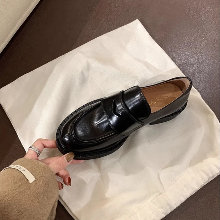 【同款】升级版本~进口胎水马皮厚底粗跟皮鞋轻奢单鞋黑色女鞋法式