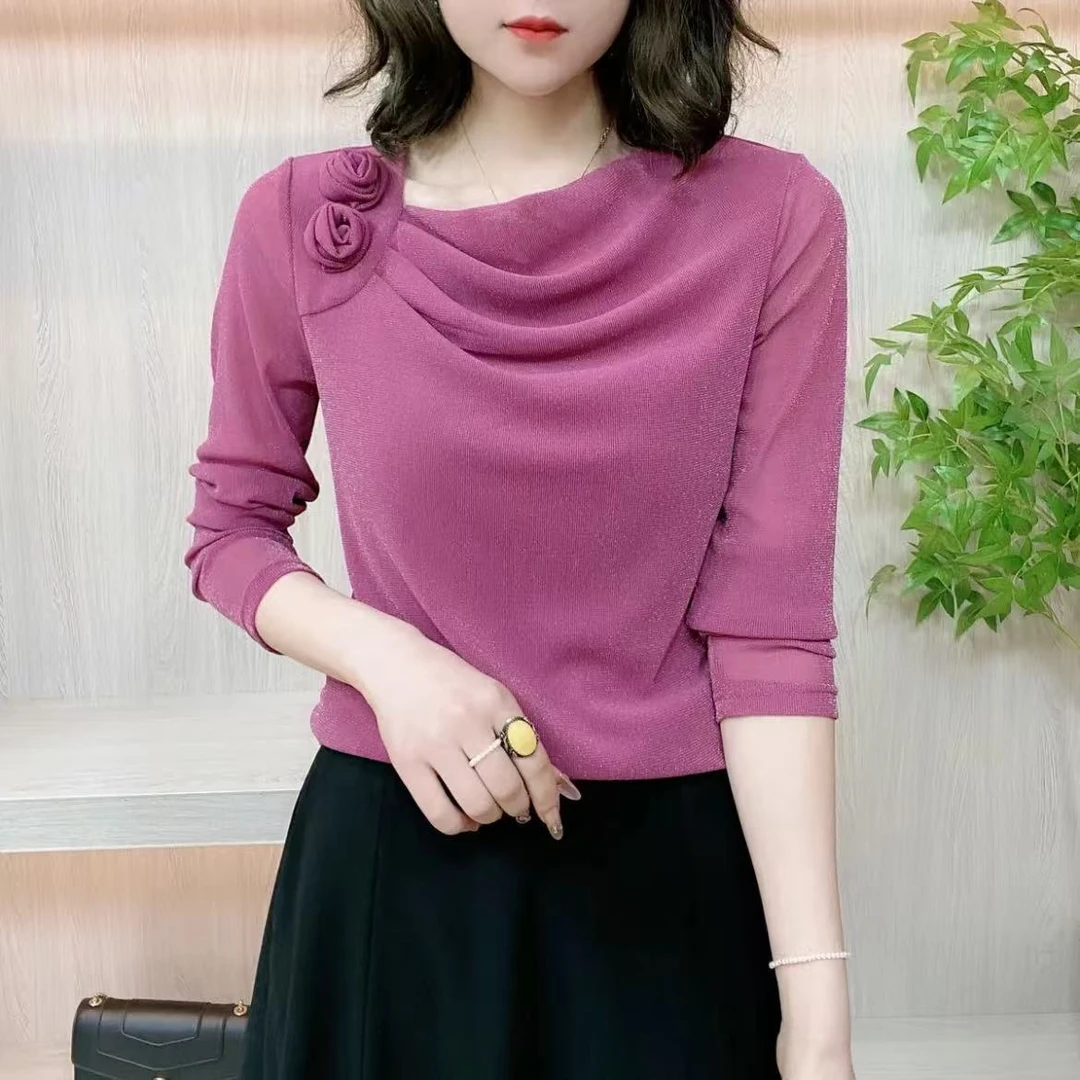 2025春季新款时尚显瘦长袖纯色弹力两朵花百搭洋气妈妈装女士上衣