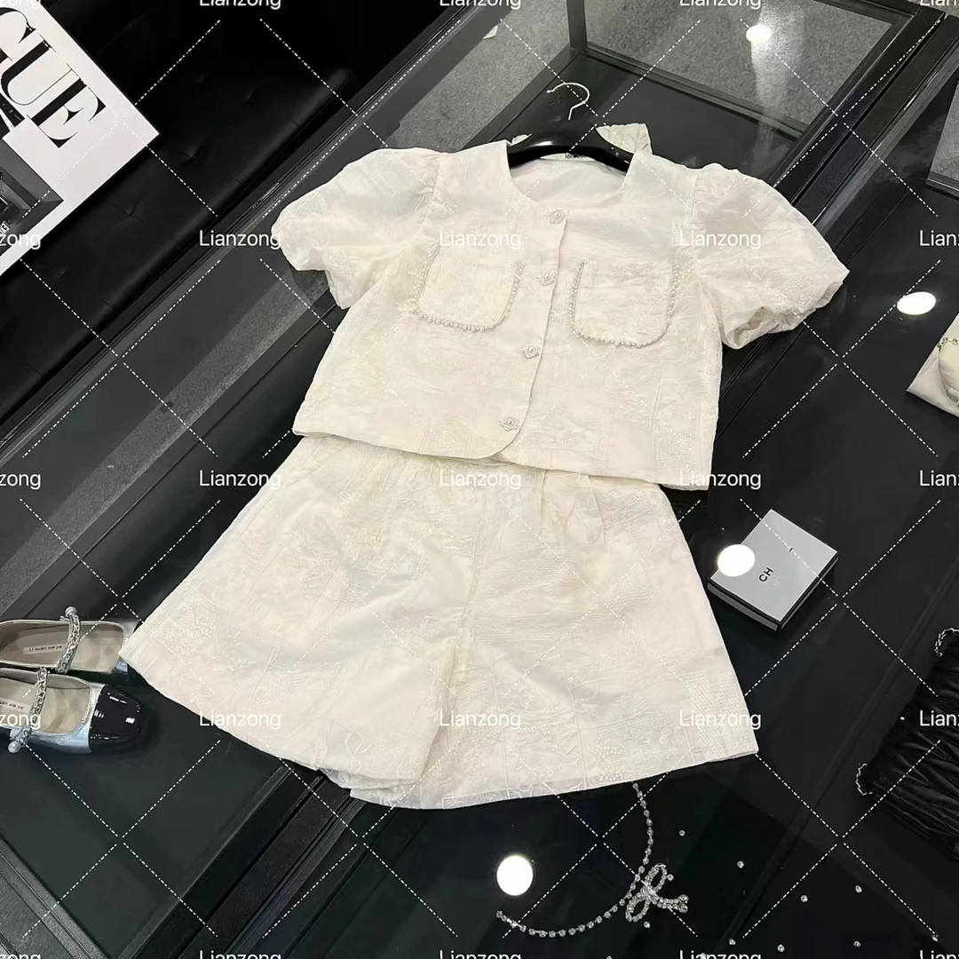 小香风小众设计师款钉珠提花泡泡袖短款上衣阔腿裤裤套装夏