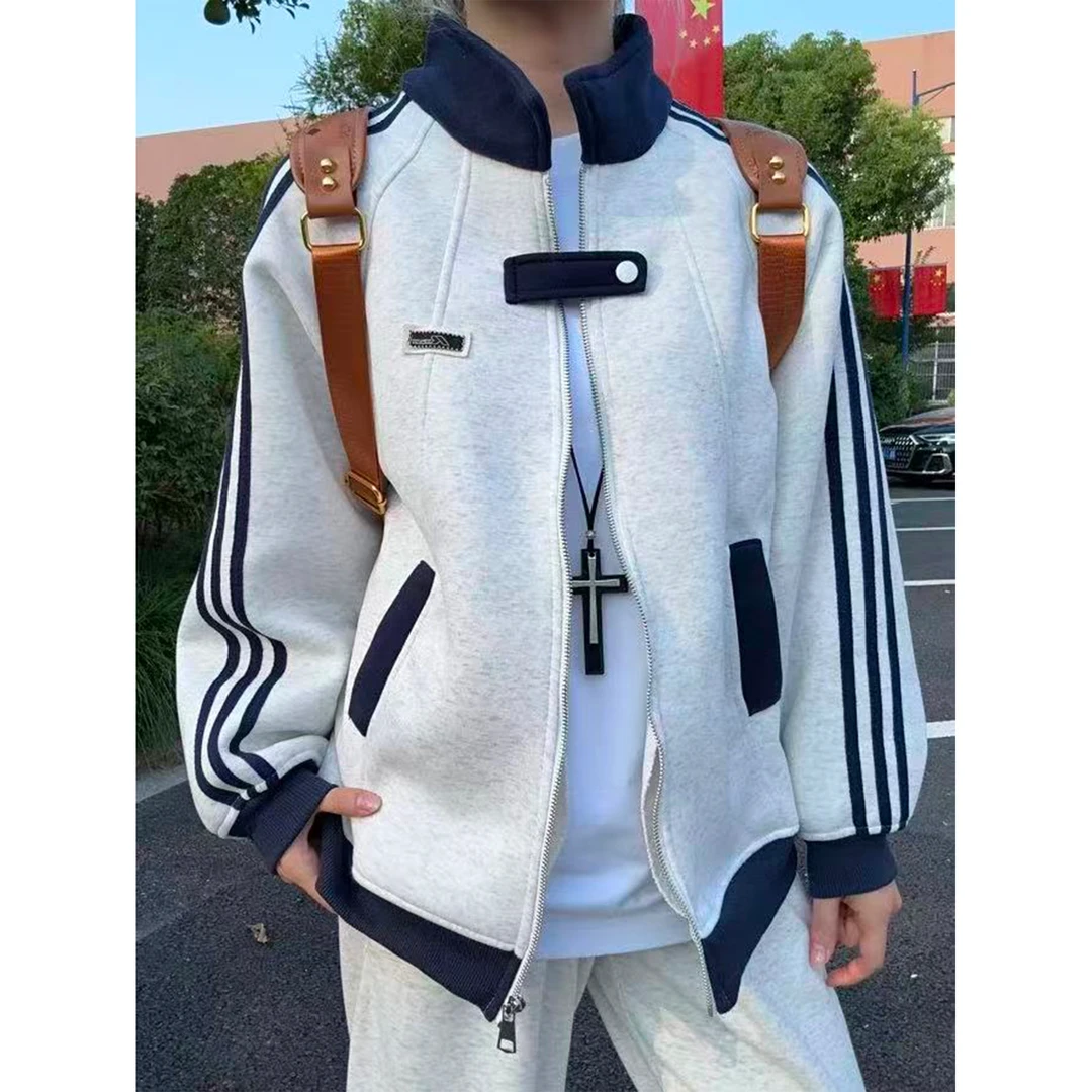 美式三条杠棒球服男款秋季重磅条纹运动夹克青少年学院风拼接外套
