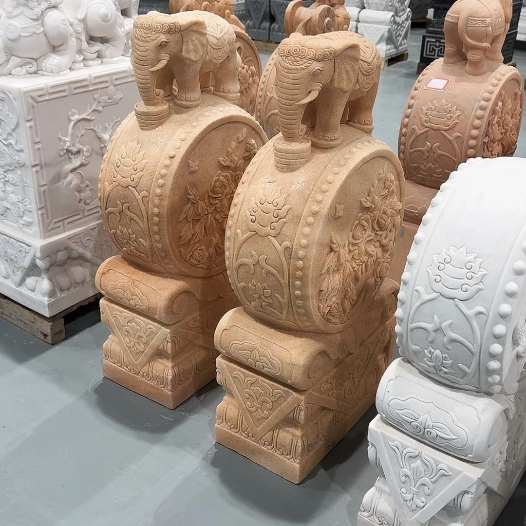 锦***生田黄石高度80厘米晚霞红吉象抱鼓石定金