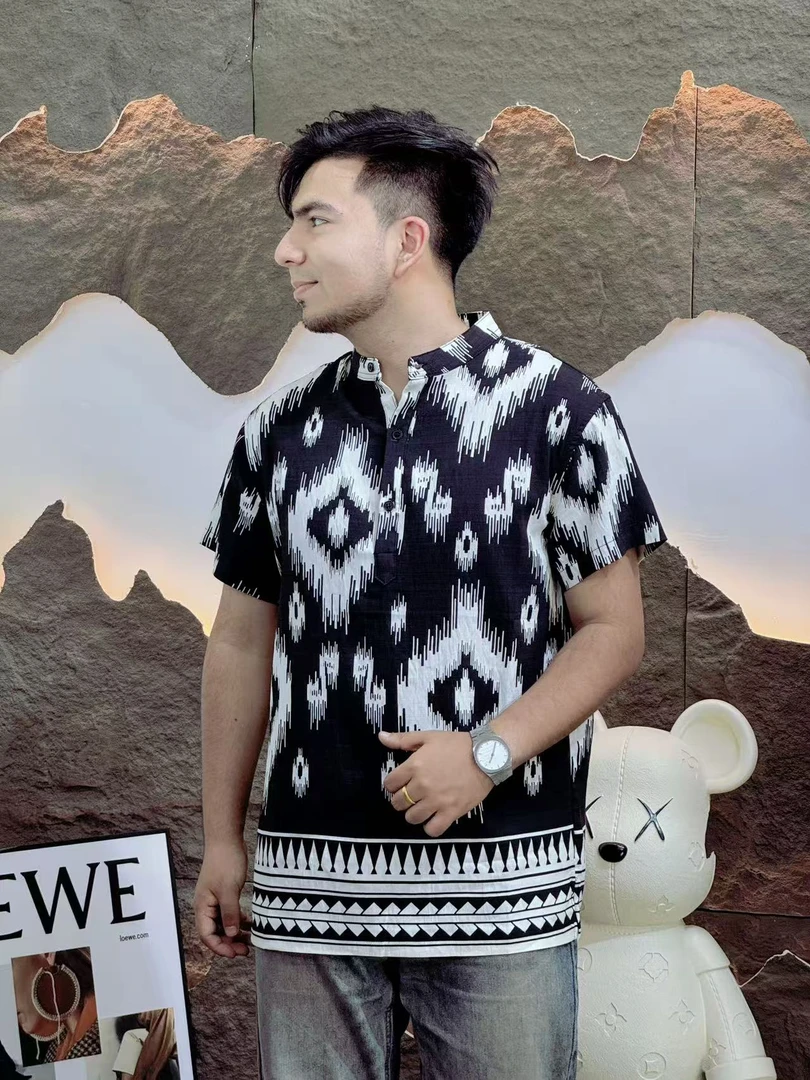 夏季爆款男士艾德莱斯衬衣短袖衬衫男士修身潮流复古维族恤