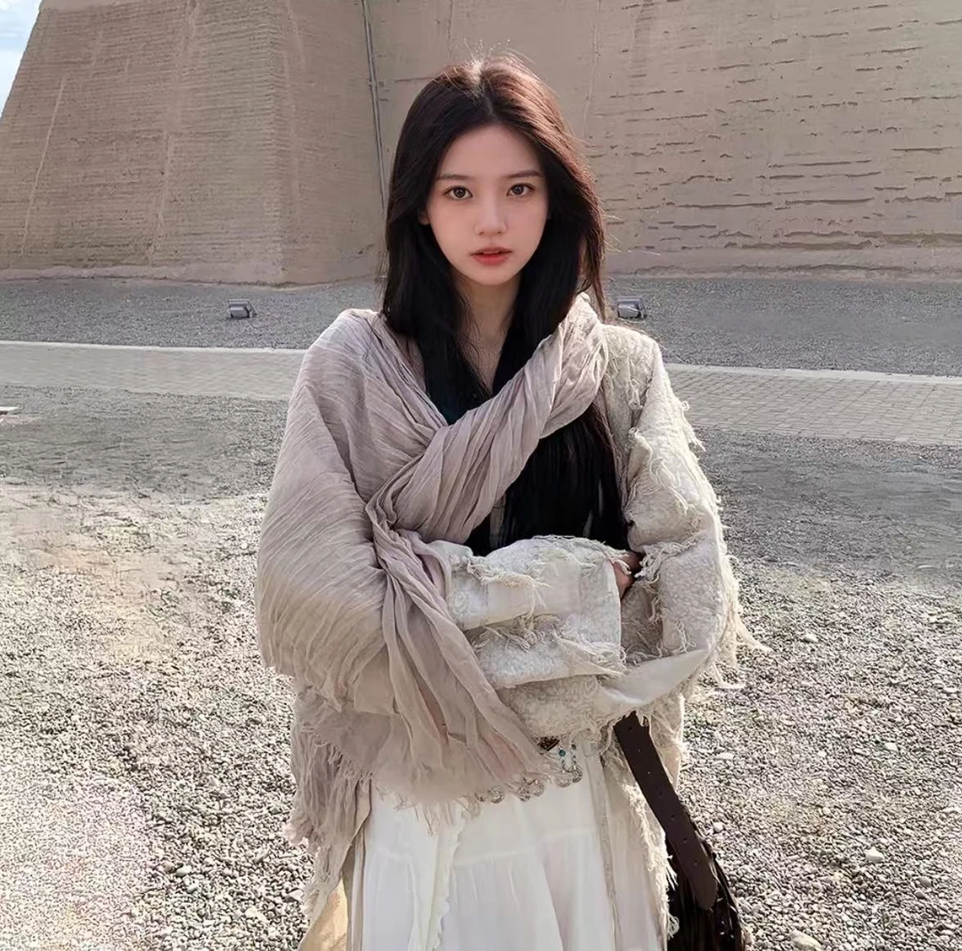 文艺复古褶皱棉麻纯色围巾女春秋季办公室空调房外搭披肩