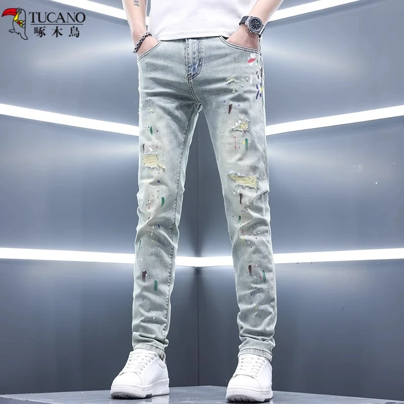TUCANO/啄木鳥裤子男款牛仔裤休闲新款修身小脚复古破洞潮牌痞帅