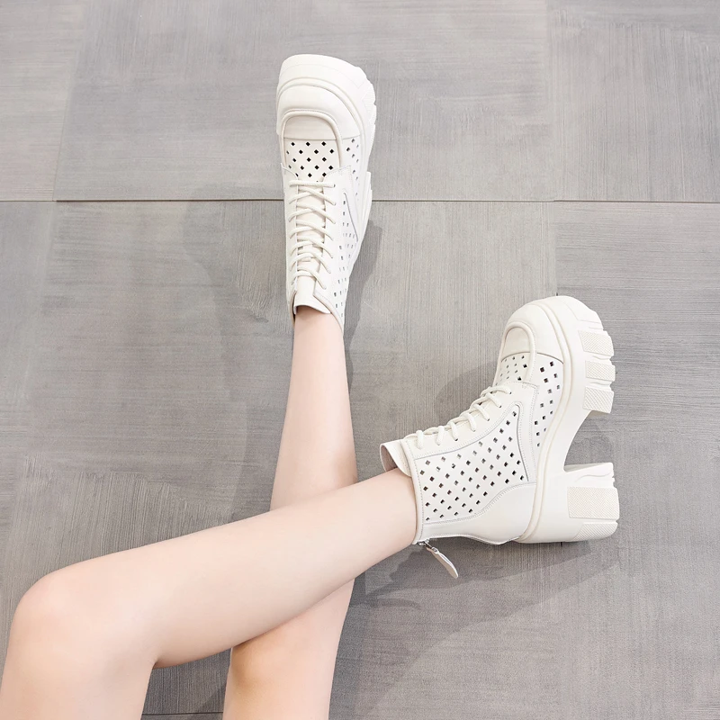 【小辣椒公主12CM增高跟】马丁靴女春夏薄款透气短靴镂空网靴中筒靴