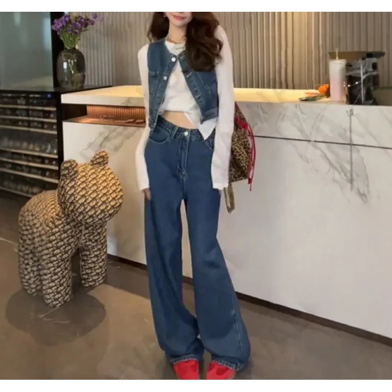 2025港风牛仔马甲高腰直筒拖地裤套装2025夏季显瘦时尚两件套女