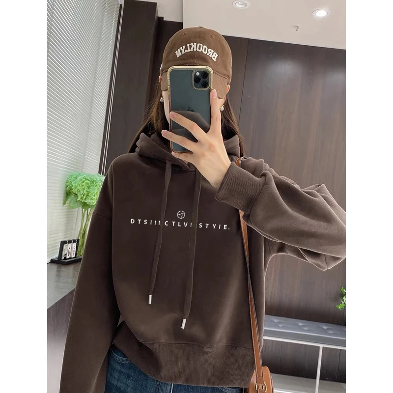 设计感小众秋冬新款2025加绒加厚套头连帽卫衣女短款宽松韩版外套