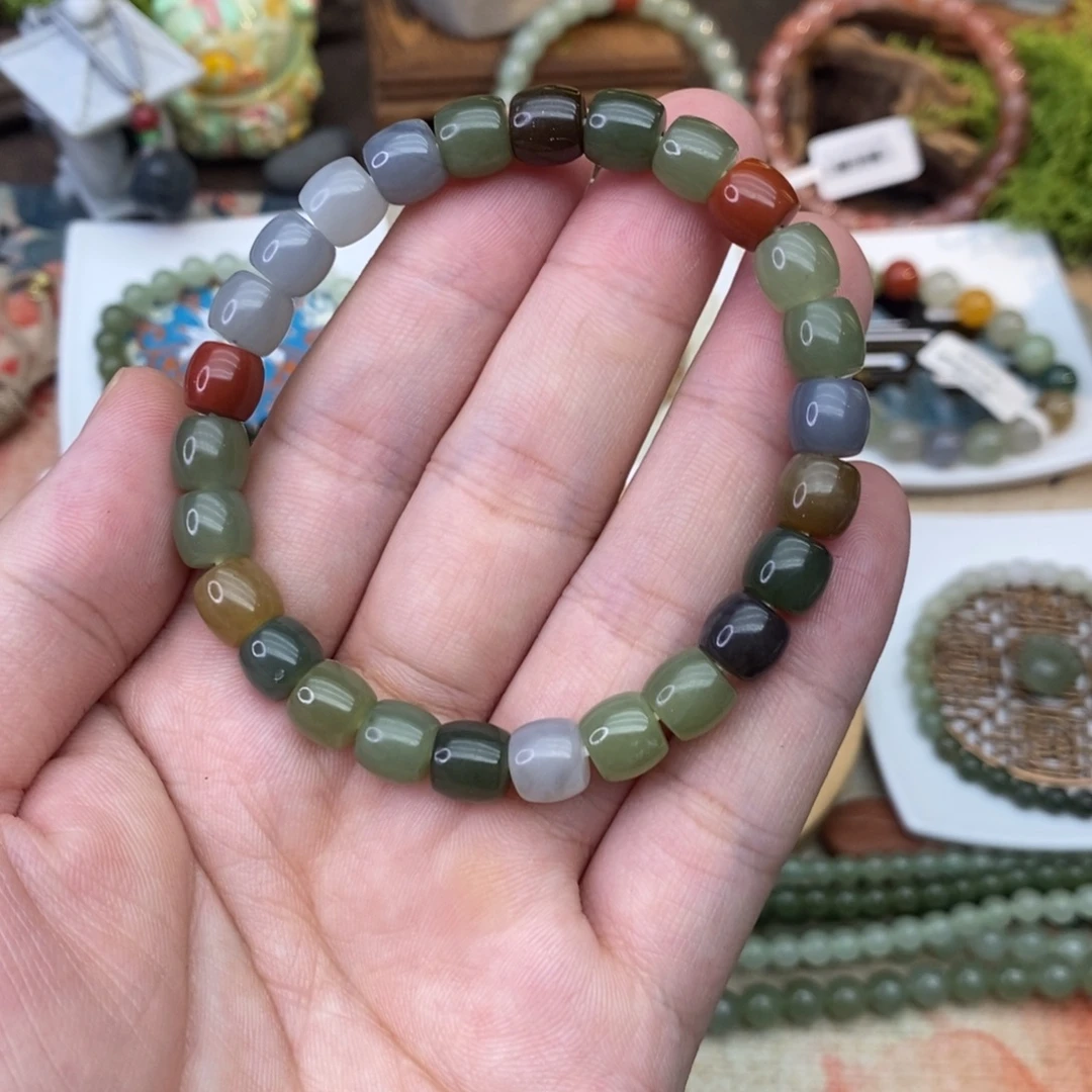 绿***鱼和田玉未镶嵌手链多宝直切珠卡8