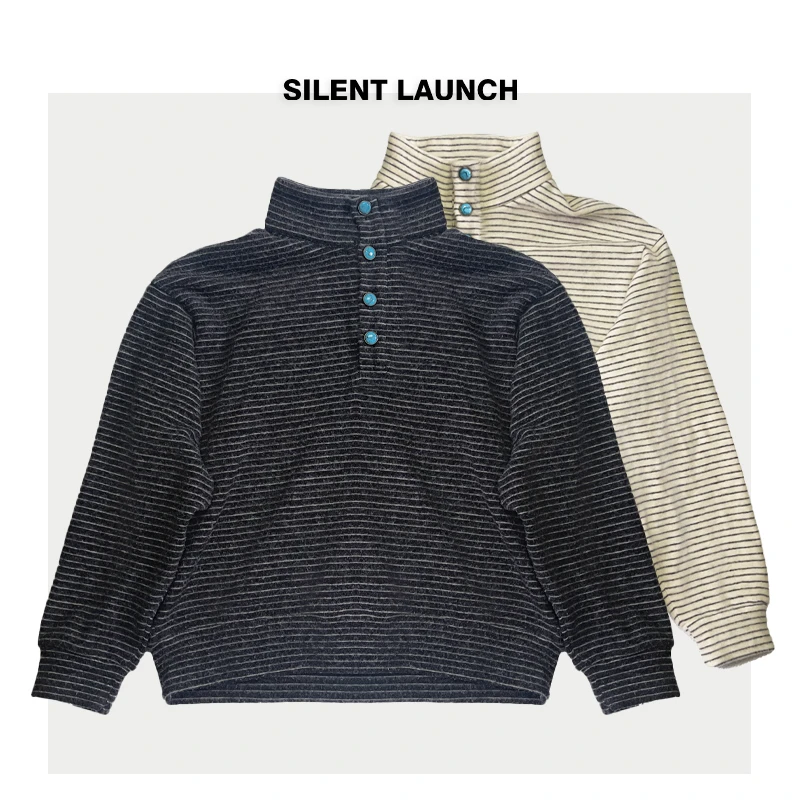 【SL】【绿松石系列】慵懒时髦绒毛感半开襟可翻高领条纹针织卫衣