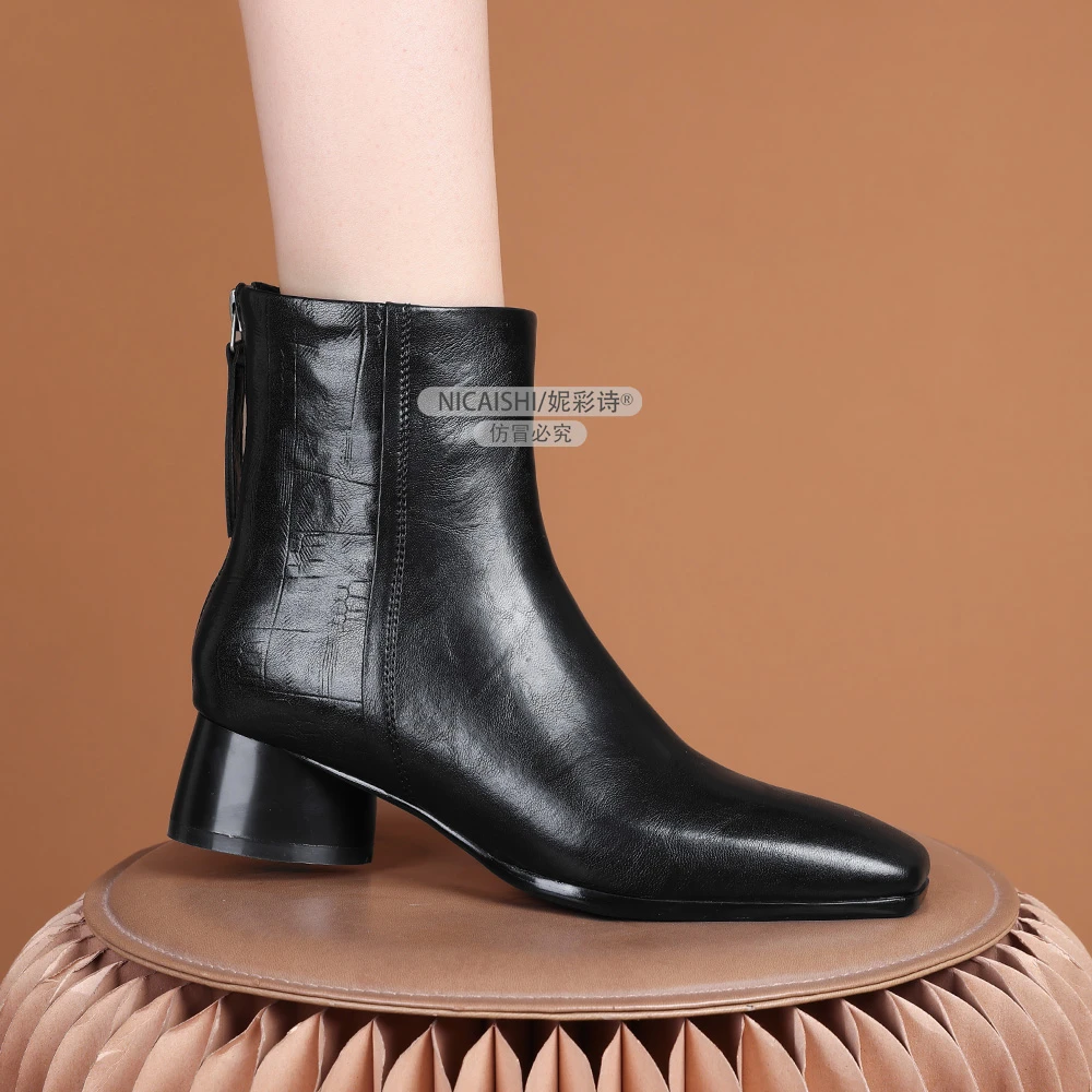 2025年新款欧美时尚巨显瘦短靴女粗跟后拉链通勤女靴百搭3808
