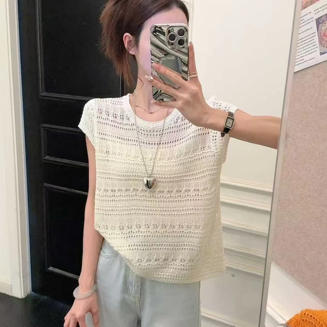 设计感镂空宽松冰丝针织女士短袖t恤上衣女夏款新款爆款0836