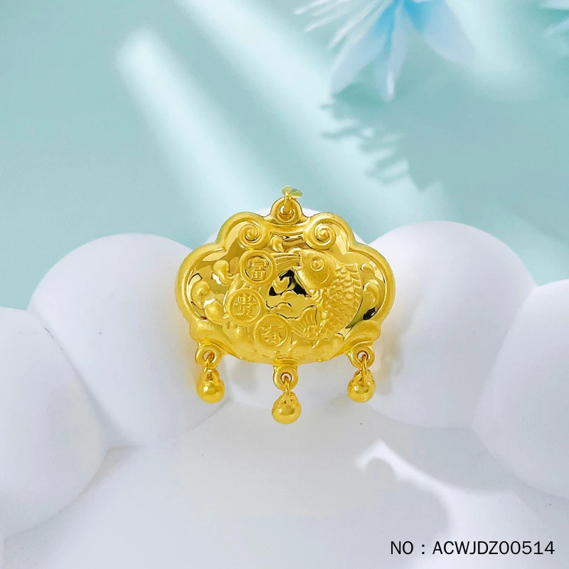 足金999 五9黄金空心富贵有鱼锦鲤铃铛锁包吊坠