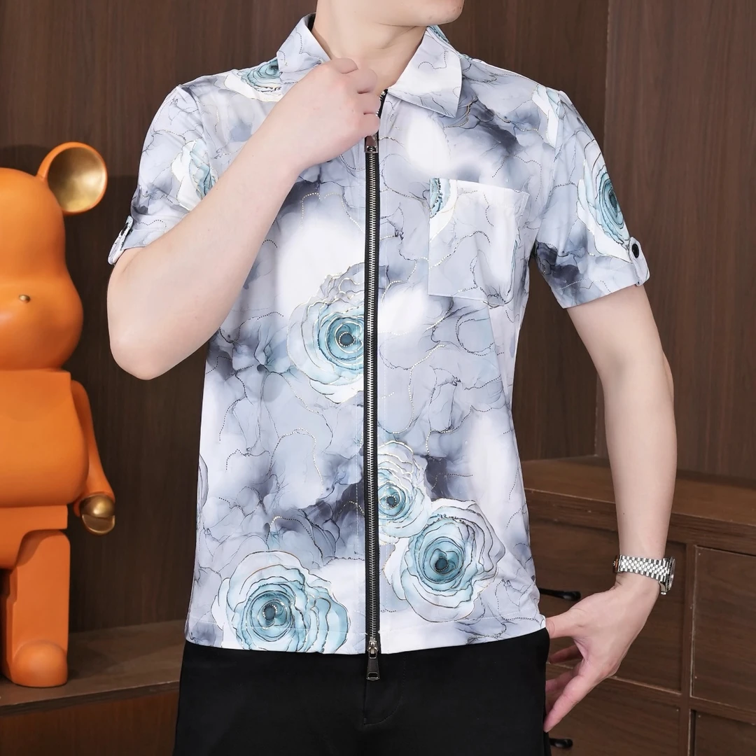 2025夏季男士衬衫短袖时尚休闲薄款帅气花朵拉链翻领百搭