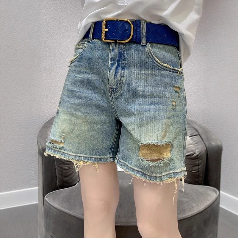 2025夏季新款破洞直筒宽松遮胯阔腿裤大码百搭无弹a字牛仔短裤女