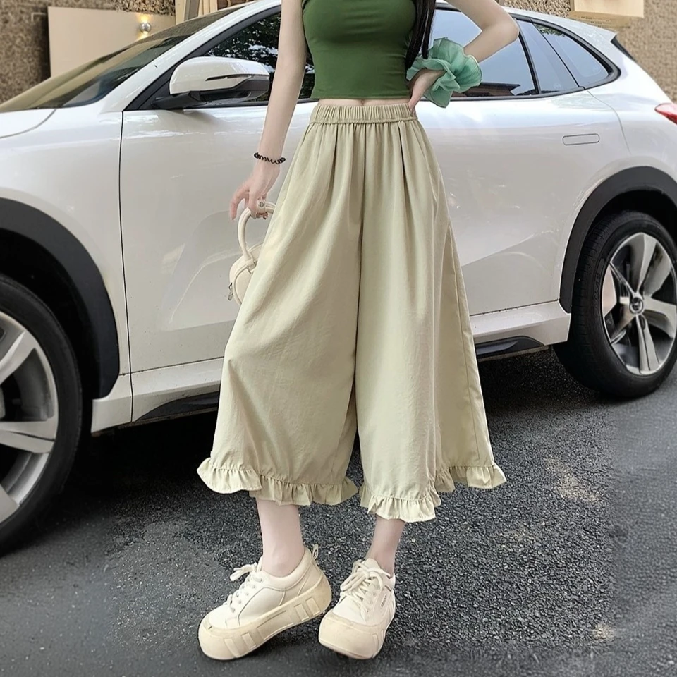 冰丝速干七分裤子女夏季薄款2025新款木耳边拼接阔腿裤宽松休闲裤