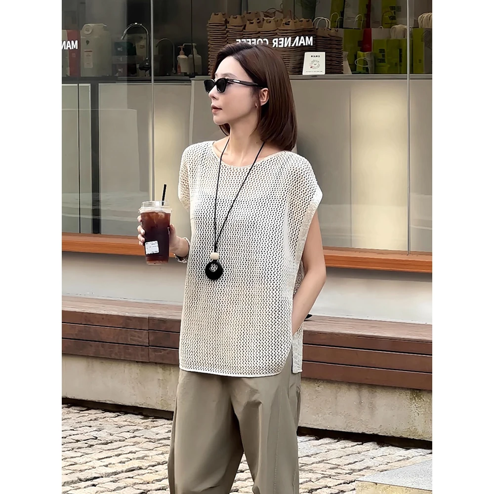 法式设计感镂空百搭开叉针织衫女夏季宽松慵懒外搭防晒罩衫上衣薄
