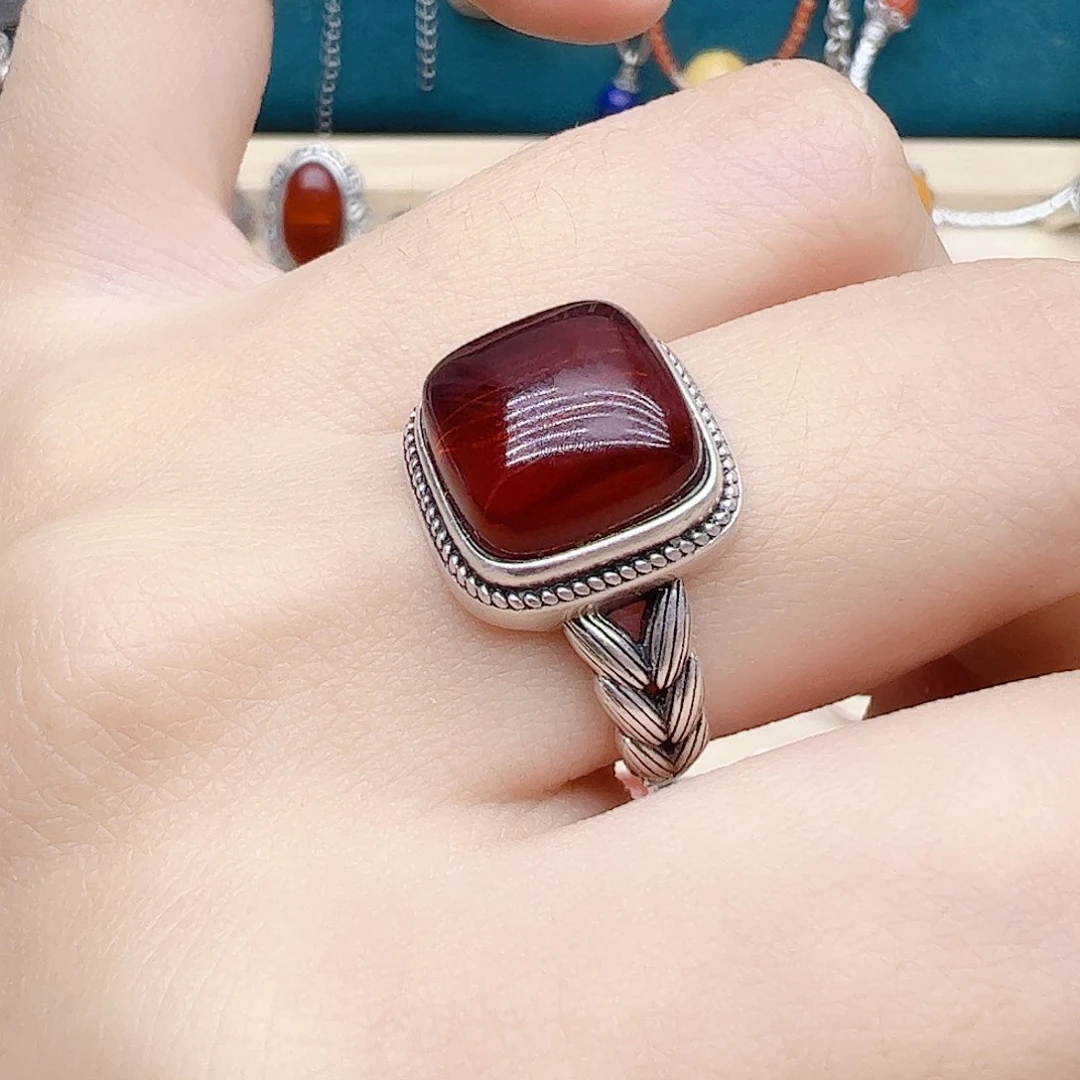 血珀戒指银S925镶嵌天然