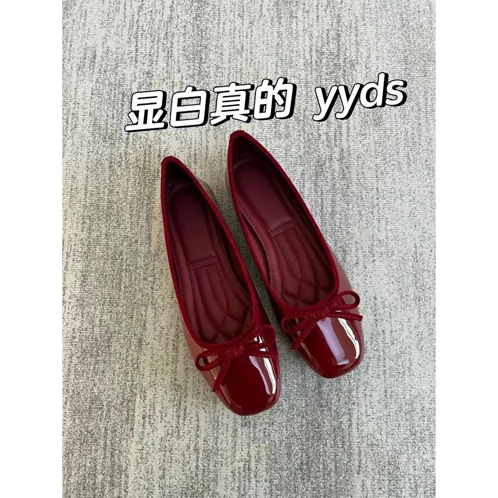 2025年春季新款韩版温柔蝴蝶结浅口红色单鞋法式淑女平底单鞋女鞋
