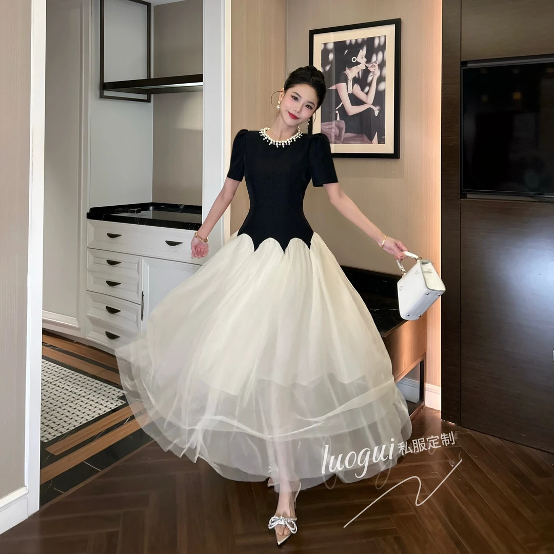 【花花原创】显瘦气质时尚夏季法式小众中长款拼接优雅连衣裙9020