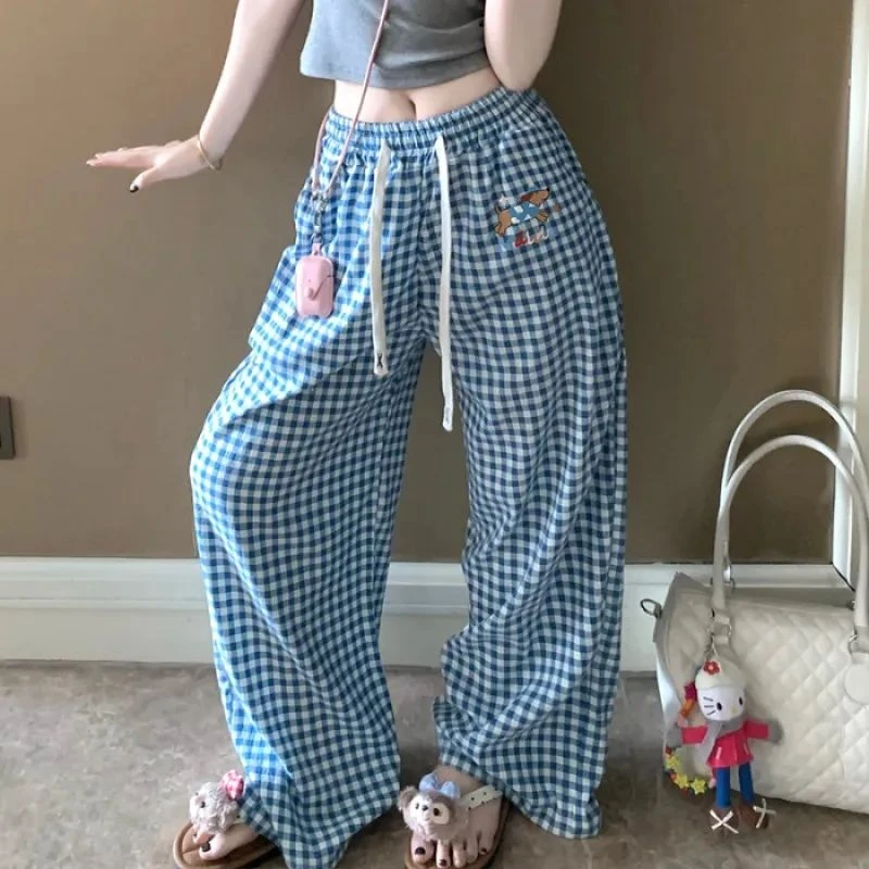 夏季米奇遛弯格子睡裤女抽绳双口袋直筒阔腿少女条纹家居裤外穿