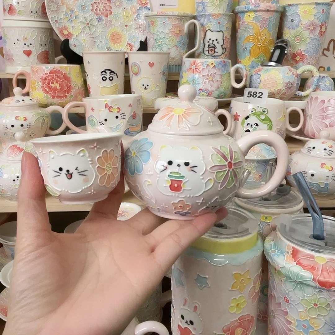 瓷片玉泥茶壶套装猫咪