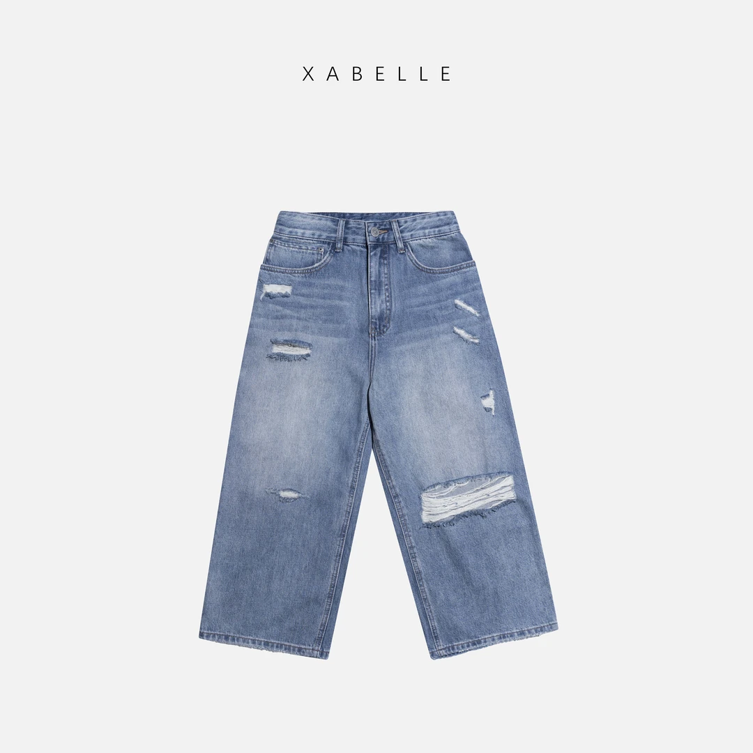 XABELLE 破洞八分裤 25时髦街头磨破阔腿牛仔裤25059