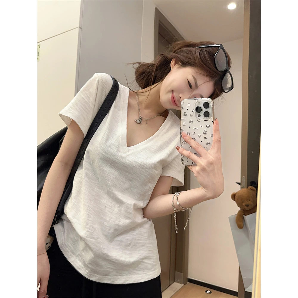 【如如】大码休闲短袖T恤女2025夏季正肩体恤胖MM遮肉显瘦v领上衣