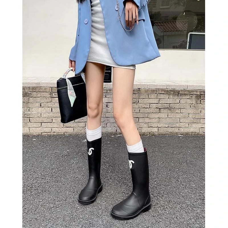 香港小香风圆头黑色雨靴骑士靴女秋冬新款粗跟厚底不过膝高筒长靴