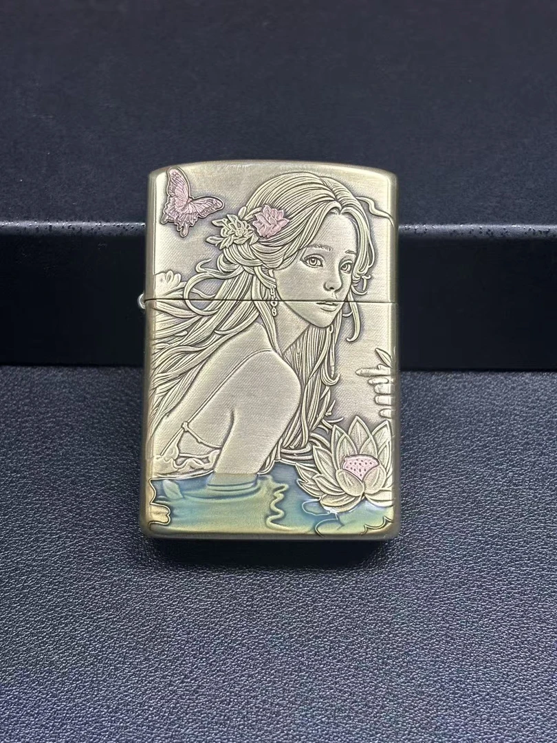 黄铜盔甲打火机3D浮雕珐琅出水芙蓉大师工作室雕工送男友生日礼物