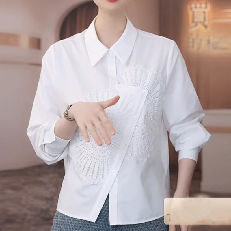 2025春季百搭不规则设计感翻领长袖白色衬衫女重工钩花拼蕾丝衬衣