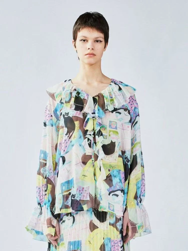 UOOYAA/乌丫2025夏季新款「我爱我家」我家的猫荷叶边衬衫1799