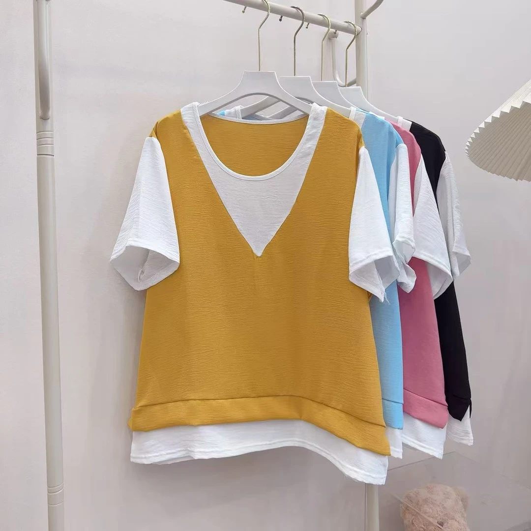 胖胖家*7057新款假两件百搭显瘦大版半袖