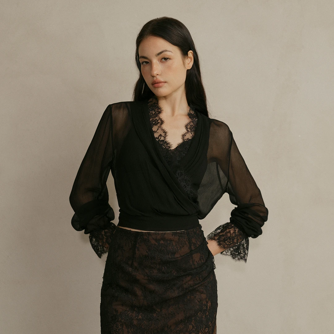 Daily Romance25春黑玫瑰白玫瑰法式进口蕾丝围裹长袖衬衫上衣