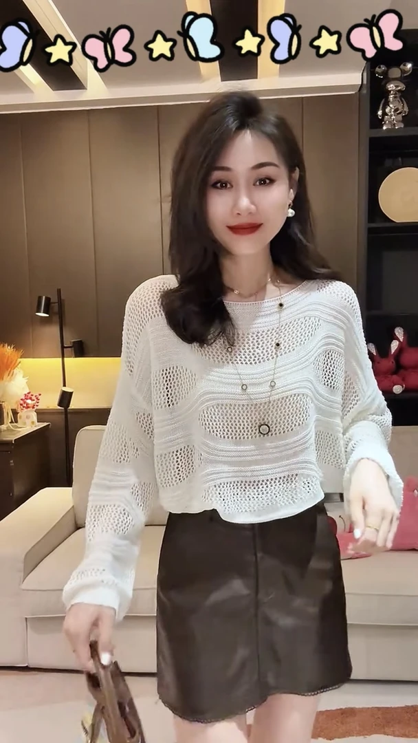 韩系慵懒风镂空圆领长袖针织衫女2025早秋新款气质宽松显瘦上衣潮