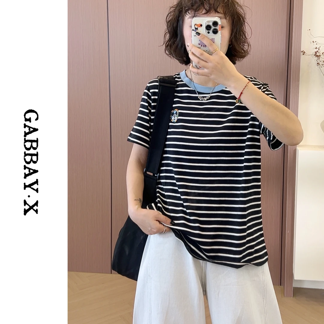 2025夏季韩版显瘦条纹刺绣短袖时尚休闲拼接宽松圆领百搭T恤女